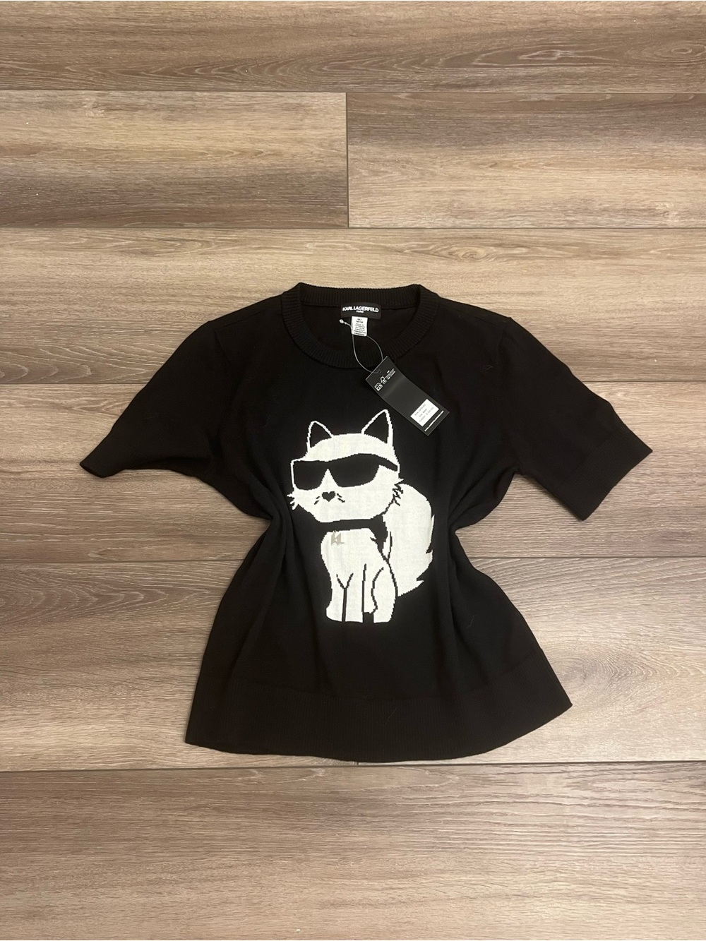 Karl Lagerfeld Black Short-Sleeve Knit Top with White Cat Graphic